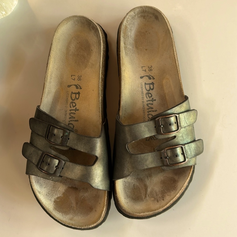 Birkenstock Metallic Pewter Double Buckle Slide Sandals